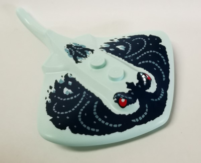 Manta Ray / Stingray with 2 Studs with Red Eyes, Dark Blue and Metallic Light Blue Pattern, 67337pb02 Light Aqua U