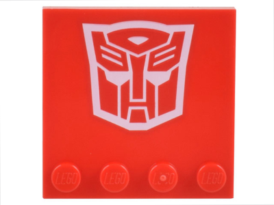 Tile, Modified 4 x 4 with Studs on Edge with White Transformers Autobot Symbol Pattern, 6179pb223 Red N