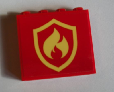 Panel 1 x 4 x 3 with Side Supports - Hollow Studs with Fire Logo Badge Pattern (Sticker) - Set 60214, 60581pb143 Red U