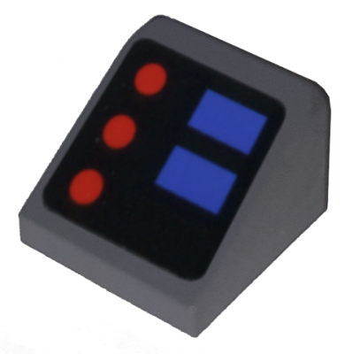 Slope 30 1 x 1 x 2/3 with Red and Blue Buttons Pattern (Sticker) - Set 10179, 54200pb097 Dark Bluish Gray U
