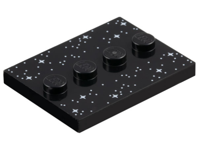 Tile, Modified 3 x 4 with 4 Studs in Center with White Dots and Sparkles / Stars Pattern, 88646pb012 Black N