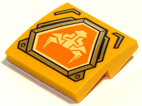 Slope, Curved 2 x 2 x 2/3 with Bright Light Yellow Bull Head on Orange Hexagonal Shield with Silver Border Pattern 15068pb105 Used