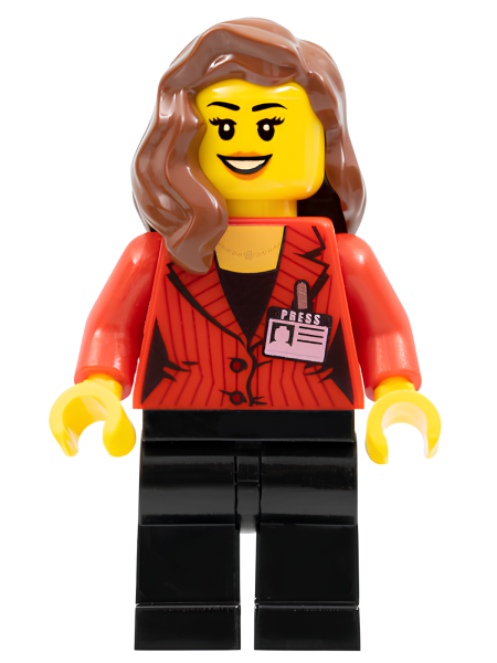 Минифигурка Lego Camerawoman - Red Suit Jacket with Press Pass, Black Legs, Reddish Brown Female Hair over Shoulder, Open Mouth Smile with Peach Lips sc011