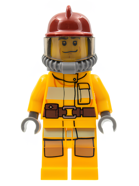 Минифигурка Lego Fire - Bright Light Orange Fire Suit with Utility Belt, Dark Red Fire Helmet, Yellow Air Tanks, Black Eyebrows, Chin Dimple cty0307