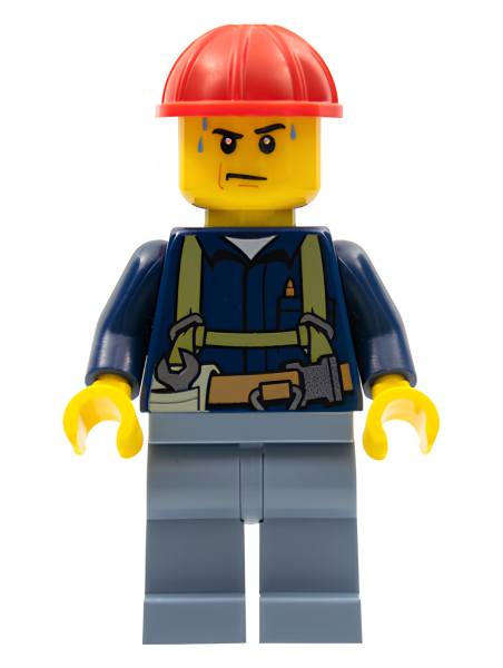 Минифигурка Lego Construction Worker - Shirt with Harness and Wrench, Sand Blue Legs, Red Construction Helmet, Sweat Drops cty0530