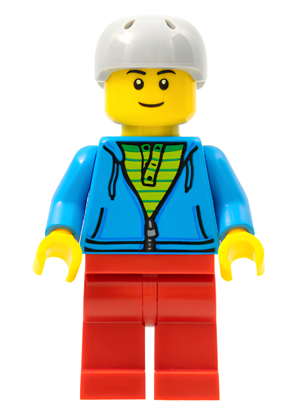 Минифигурка Lego City Bus Passenger - Dark Azure Hoodie with Green Striped Shirt, Red Legs, Light Bluish Gray Sports Helmet cty0785 U