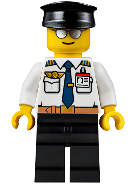 Минифигурка Lego Airport - Pilot, White Shirt with Dark Blue Tie, Belt and ID Badge, Black Legs, Black Hat air049