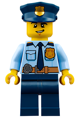 Минифигурка Lego Police - City Shirt with Dark Blue Tie and Gold Badge, Dark Tan Belt with Radio, Dark Blue Legs, Police Hat with Gold Badge, Lopsided Grin cty0743 U