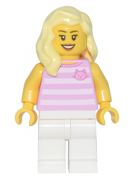 Минифигурка Lego Skyline Express Rider - Female, Bright Pink Striped Shirt with Cat Head, White Legs, Bright Light Yellow Hair adp018 U