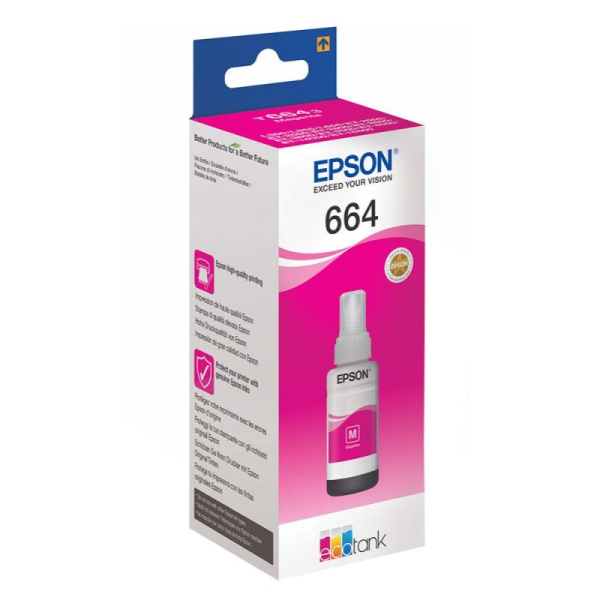 Контейнер с чернилами Epson T6643 для L100 L110 L120 L200 L210 L300 L350 L355 L550 L555 L1300 Magenta пурпурный C13T66434A