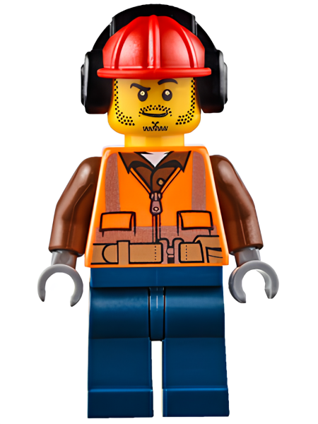 Минифигурка Lego Fire - Male, Orange Safety Vest, Reflective Stripes, Reddish Brown Shirt, Dark Blue Legs, Red Construction Helmet with Black Headphones, Stubble cty0653