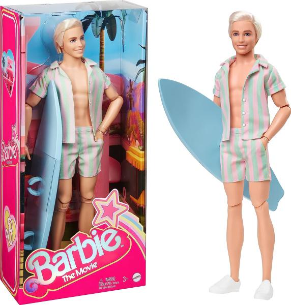 Кукла Barbie The Movie Кен в пляжном комплекте в пастельную полоску HPJ97