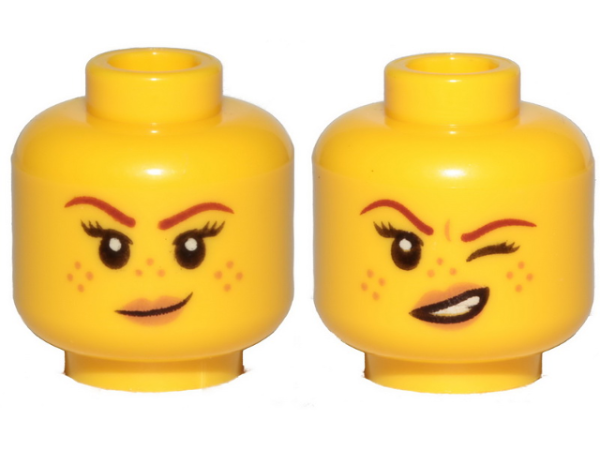 Голова Lego Minifigure, Head Dual Sided Female Reddish Brown Eyebrows, Nougat Freckles and Lips, Small Smirk / Left Eye Squinted Pattern - Hollow Stud 3626cpb2145