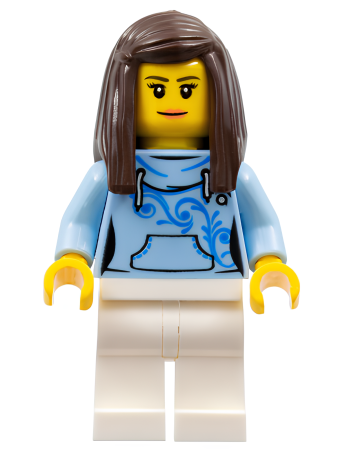 Минифигурка Lego Pizza Van Customer Female, Bright Light Blue Hoodie with Swirl Flower Pattern, Dark Brown Hair cty0710