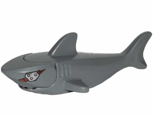 Акула Lego Shark with Rounded Nose and Debossed Gills with Metal Plate and Band on Left, Black Eye with White Pupil on Right Pattern 14518c04pb02