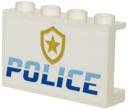 Деталь LEGO Panel 1 x 4 x 2 with Side Supports - Hollow Studs with Bright Light Blue and Blue 'POLICE' and Gold Star Badge Logo Pattern (Sticker) 14718pb028 