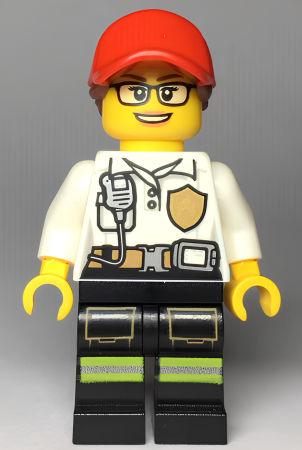 Минифигурка Lego Fire - Female White Shirt with Fire Logo Badge and Belt, Reflective Stripes on Black Legs, Red Cap with Ponytail cty0970