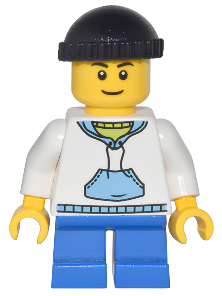 Минифигурка Lego White Hoodie with Blue Pockets, Blue Short Legs, Black Knit Cap cty0438