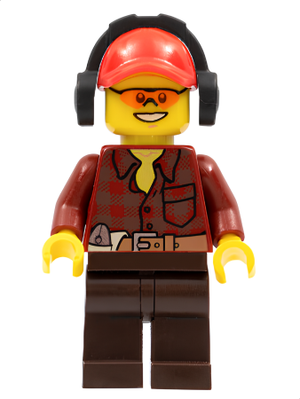 Минифигурка Lego Flannel Shirt with Pocket and Belt, Dark Brown Legs, Red Cap with Hole, Headphones, Orange Safety Glasses cty0405