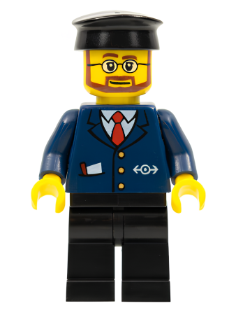 Минифигурка Lego Dark Blue Suit with Train Logo, Black Legs, Black Hat, Beard and Glasses trn223