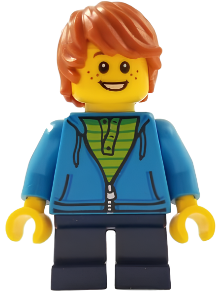 Минифигурка Lego Child - Boy, Dark Azure Hoodie, Dark Blue Short Legs, Dark Orange Tousled Hair, Freckles, Smile with Teeth  gen108