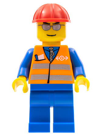 Минифигурка Lego Orange Vest with Safety Stripes - Blue Legs, Silver Glasses, Red Construction Helmet trn225 U