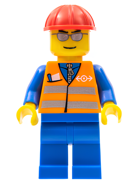 Минифигурка Lego Orange Vest with Safety Stripes - Blue Legs, Silver Glasses, Red Construction Helmet trn225 U