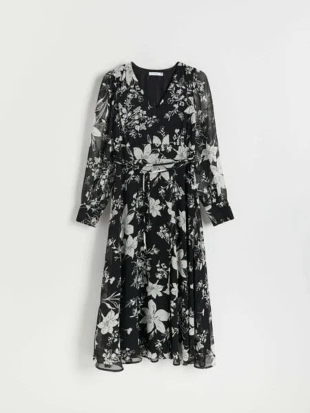 Платье Reserved с цветочками, черное, 34